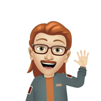 cartoon avatar of me, who has long reddish brown hair, mustache with brown glasses and a grey jacket and orange t-shirt