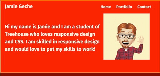 Picture of my responsive layout project which has a red and maroon background and avatar of myself